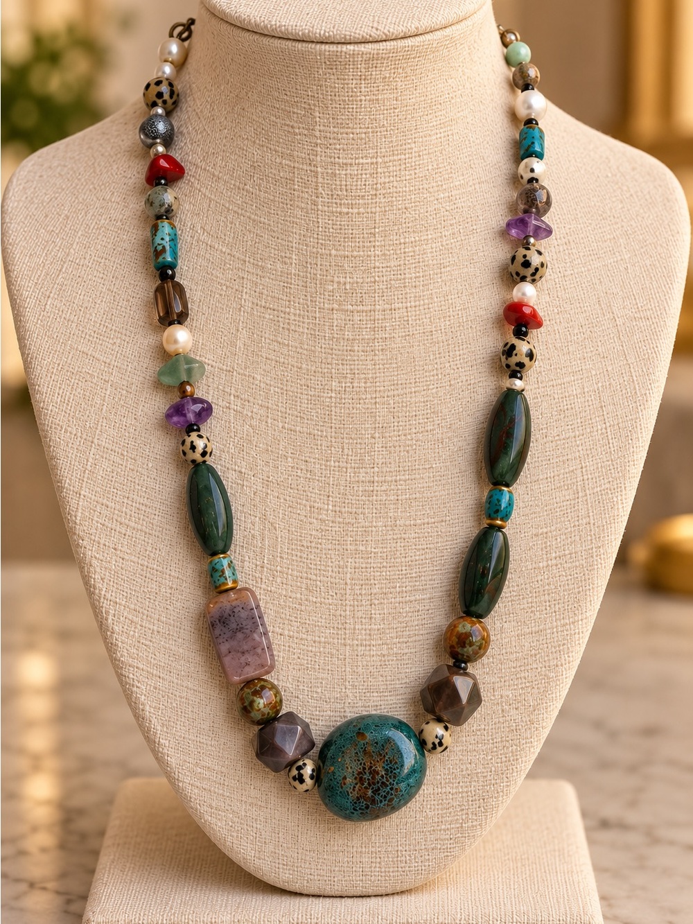 Artisan Multi-Stone Beaded Necklace in Green, Turquoise, Purple & Red